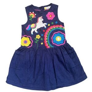 Mini Boden cord jumper dress unicorn rainbow floral embroidery navy blue 6 7